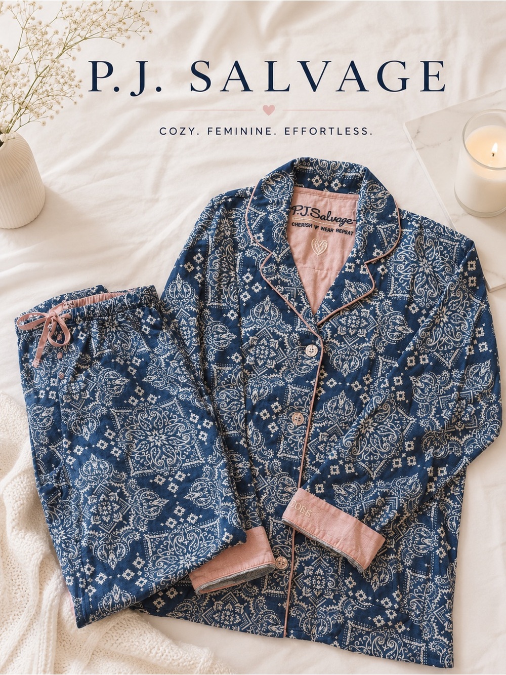 P.J. Salvage Blue Paisley Country Rose Pajama Set with Pink Trim